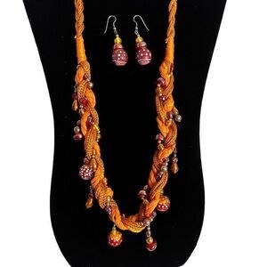VINTAGE Women's Necklace with Earrings Orange Braided‎ 30"